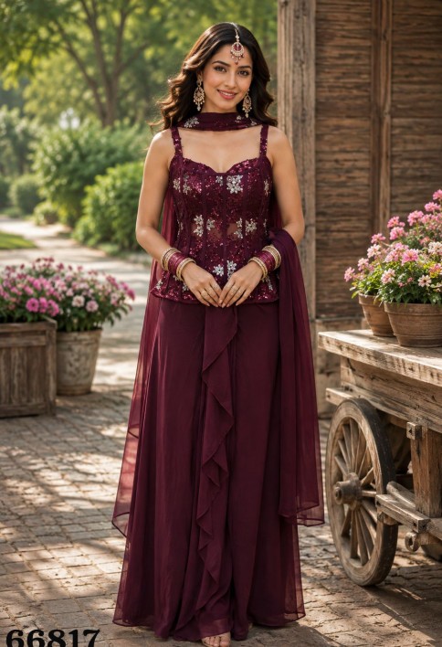 Lycra Embroidered Indo-Western in Wine Colour